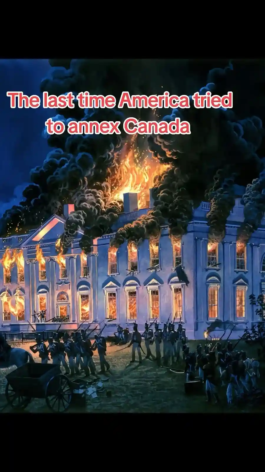 A dramatic historical painting depicts a large, ornate white building, resembling the White House, engulfed in flames and…