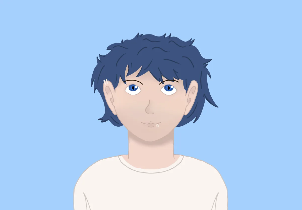 A cartoon illustration of a person with blue hair and eyes, wearing a white shirt against a light blue background, has the…