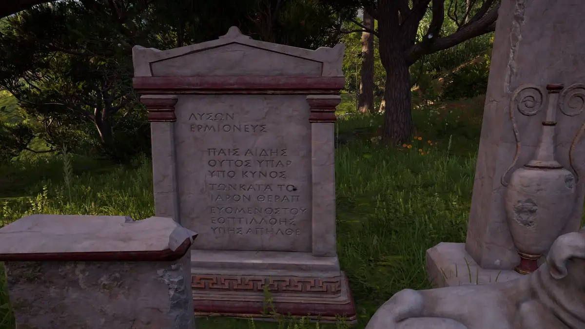 A screenshot from a video game shows a stone tombstone in a grassy, wooded area with Greek text carved into it. The text…