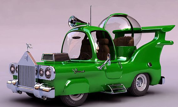 A bright green, retro-futuristic toy car with a chrome grille, horn, and a large transparent dome on the roof resembling a…