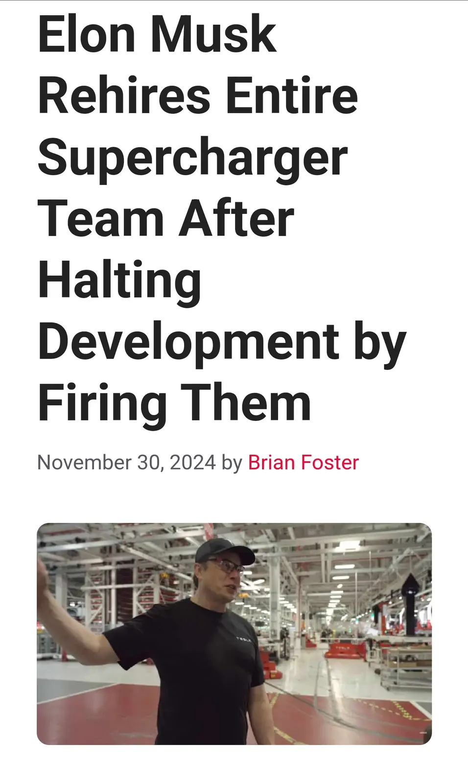 The image displays a headline mimicking a news article dated November 30, 2024, by Brian Foster, which reads 'Elon Musk…