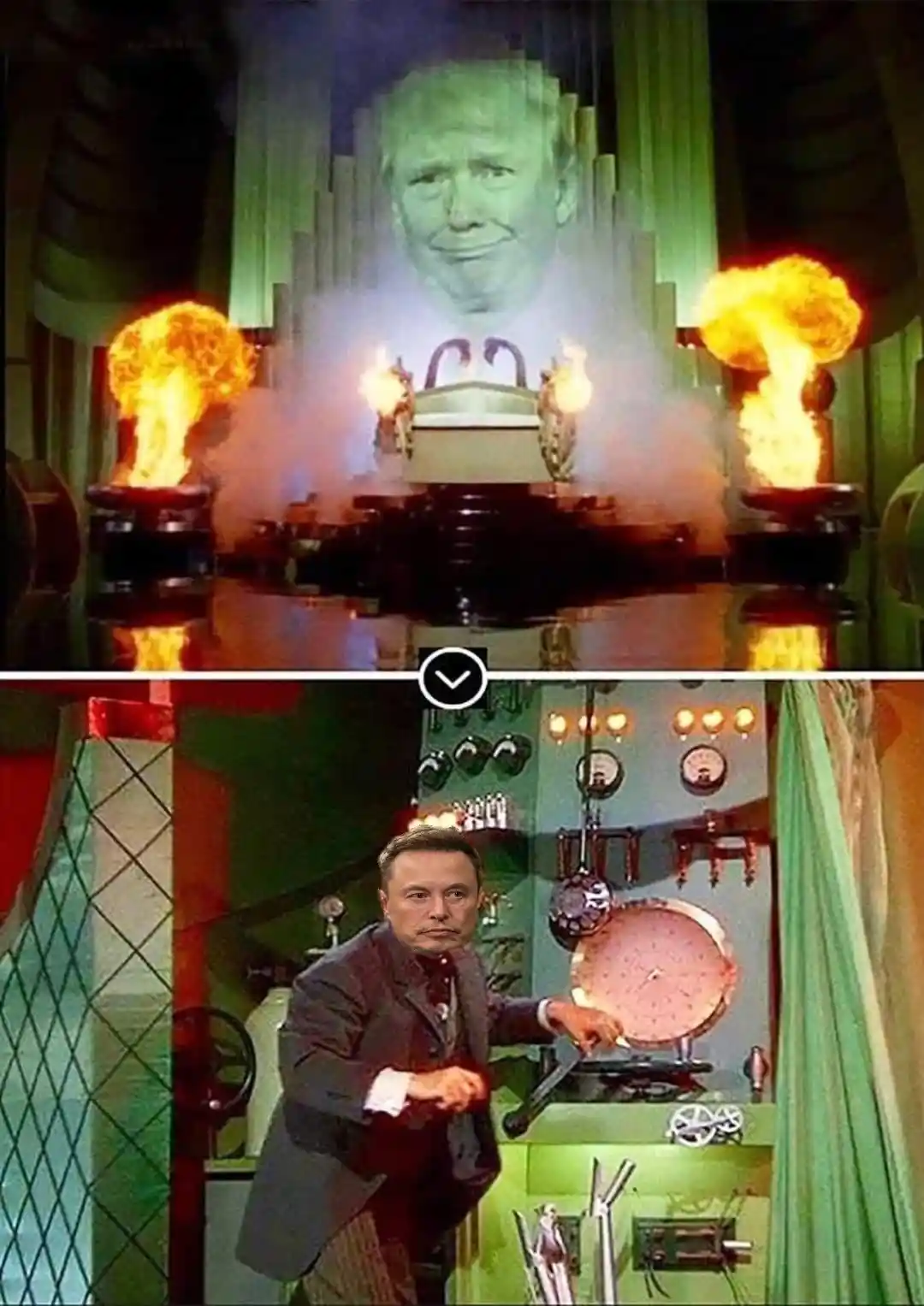The top panel shows a large, green-tinted projection of Donald Trump's face emerging from a sci-fi lab with fiery explosions…