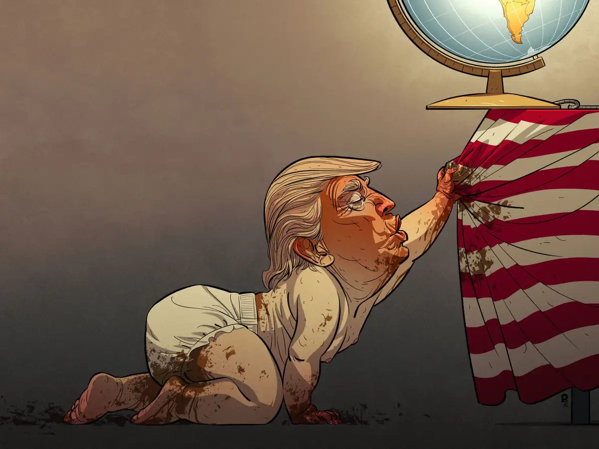 A cartoon depicts a caricature of Donald Trump, shown as a dirty, diapered baby crawling on the floor and pulling back a…