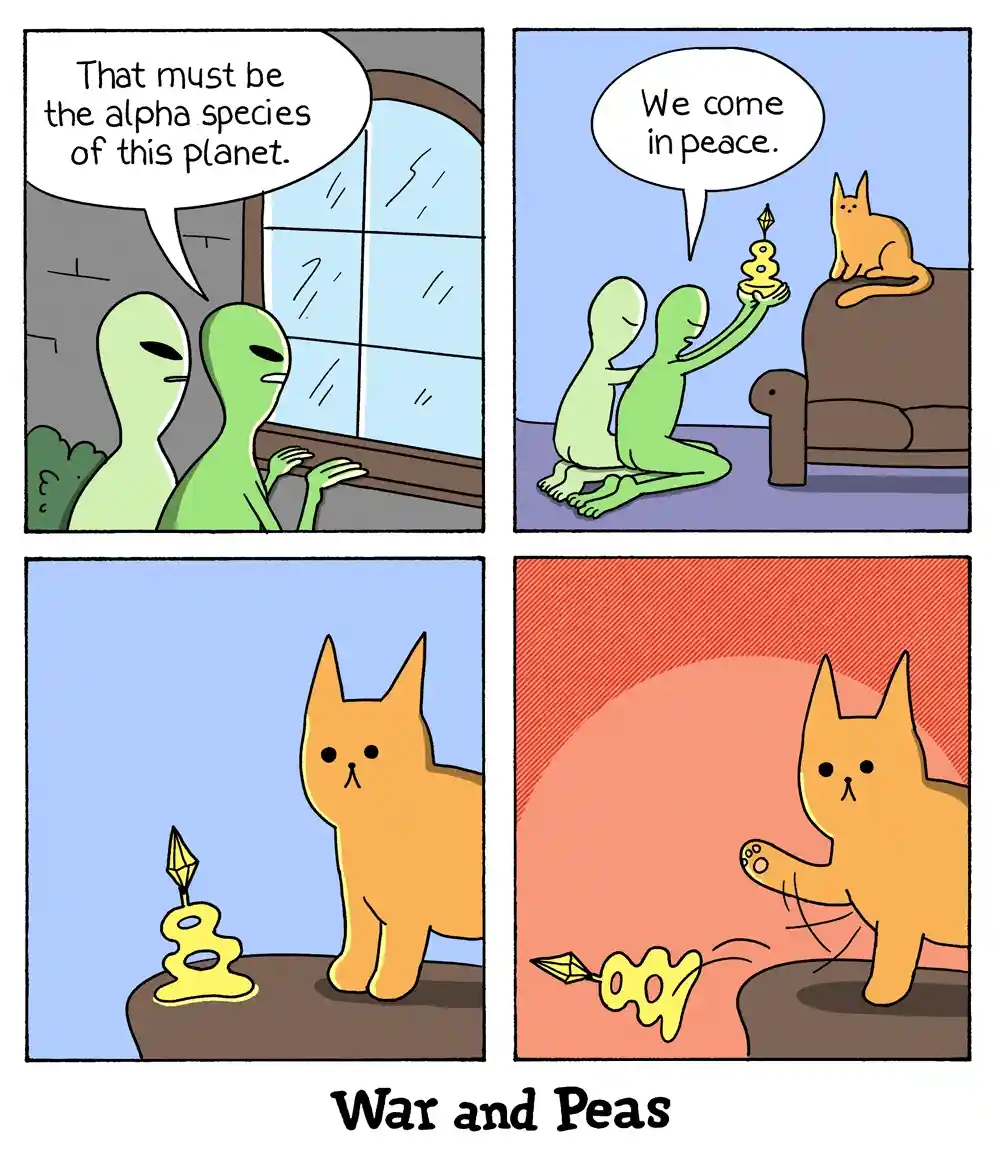 A four-panel comic shows two green aliens observing an orange cat through a window, then kneeling to offer the cat a yellow…