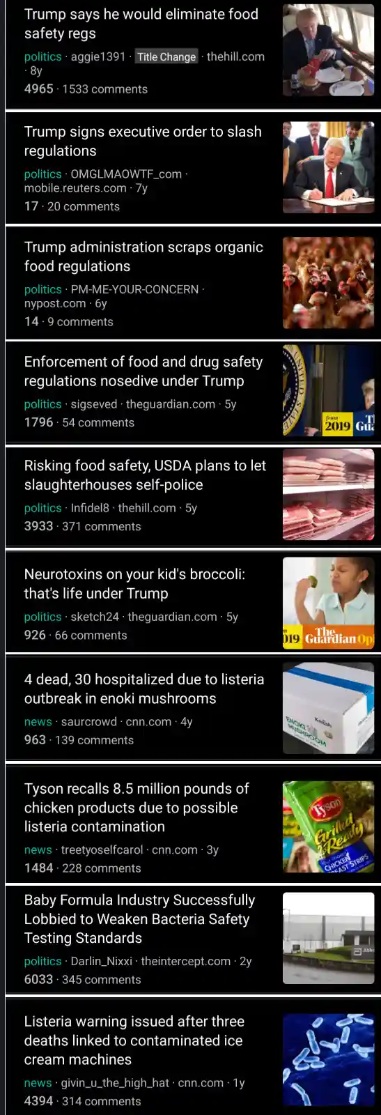 A screenshot of a Reddit thread titled 'Trump says he would eliminate food safety regs' shows a list of news headlines about…