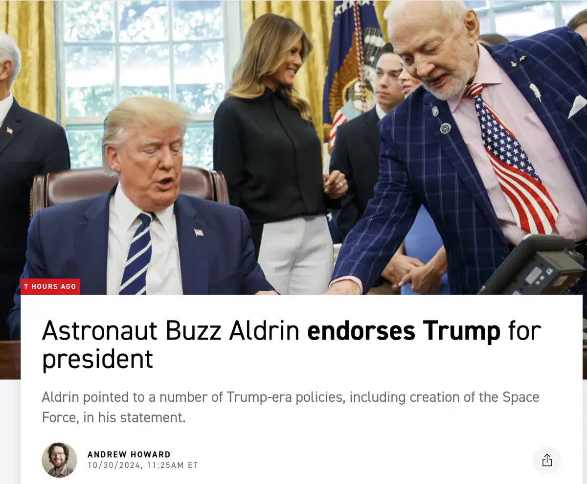 An image shows astronaut Buzz Aldrin leaning over a device while former president Donald Trump sits in the background. The…