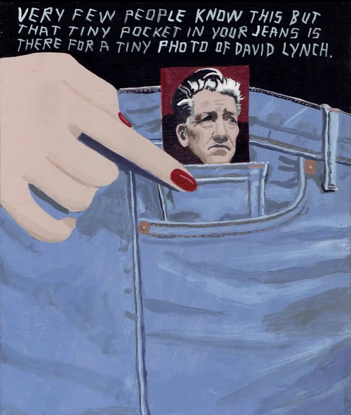 A painted illustration shows a hand with red nail polish pointing to a tiny pocket in a pair of blue jeans. Inside the…