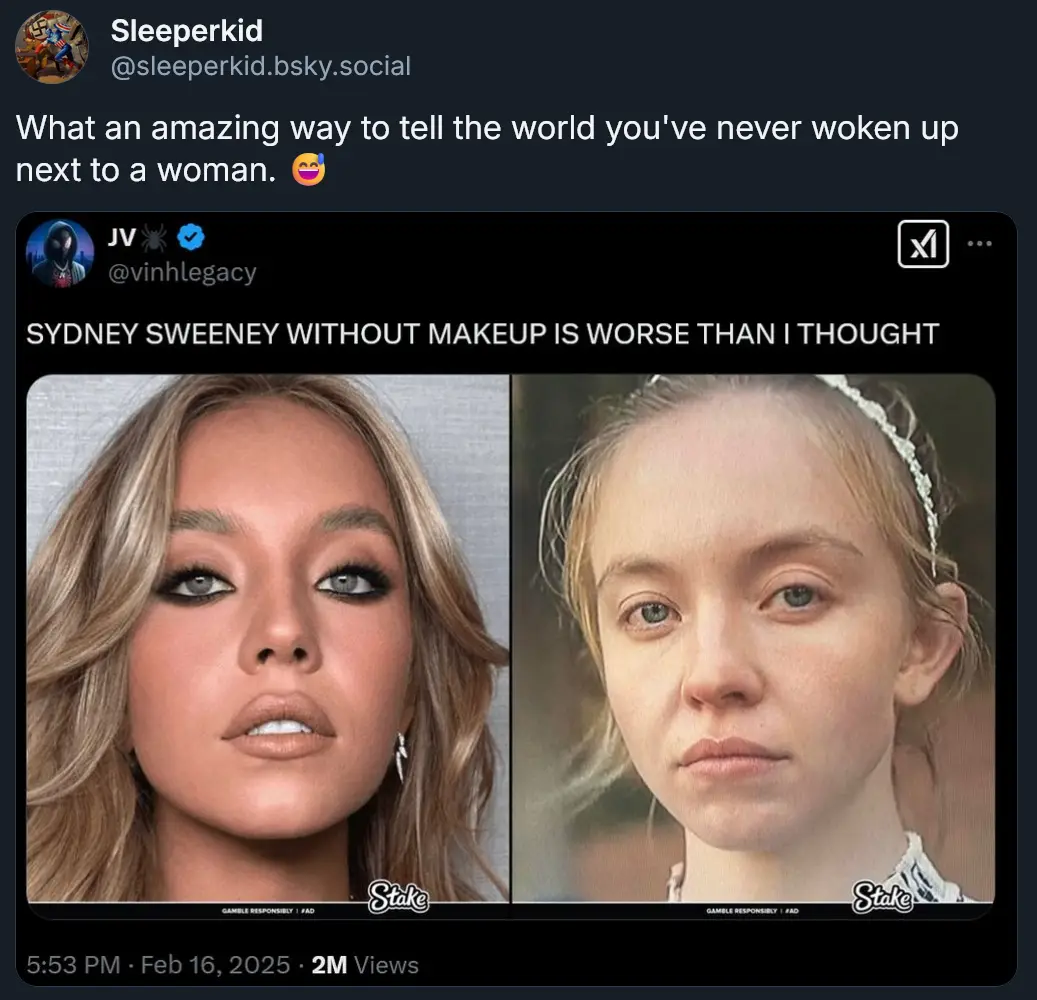 The image displays a side-by-side comparison of actress Sydney Sweeney. The left panel shows her with full makeup, featuring…