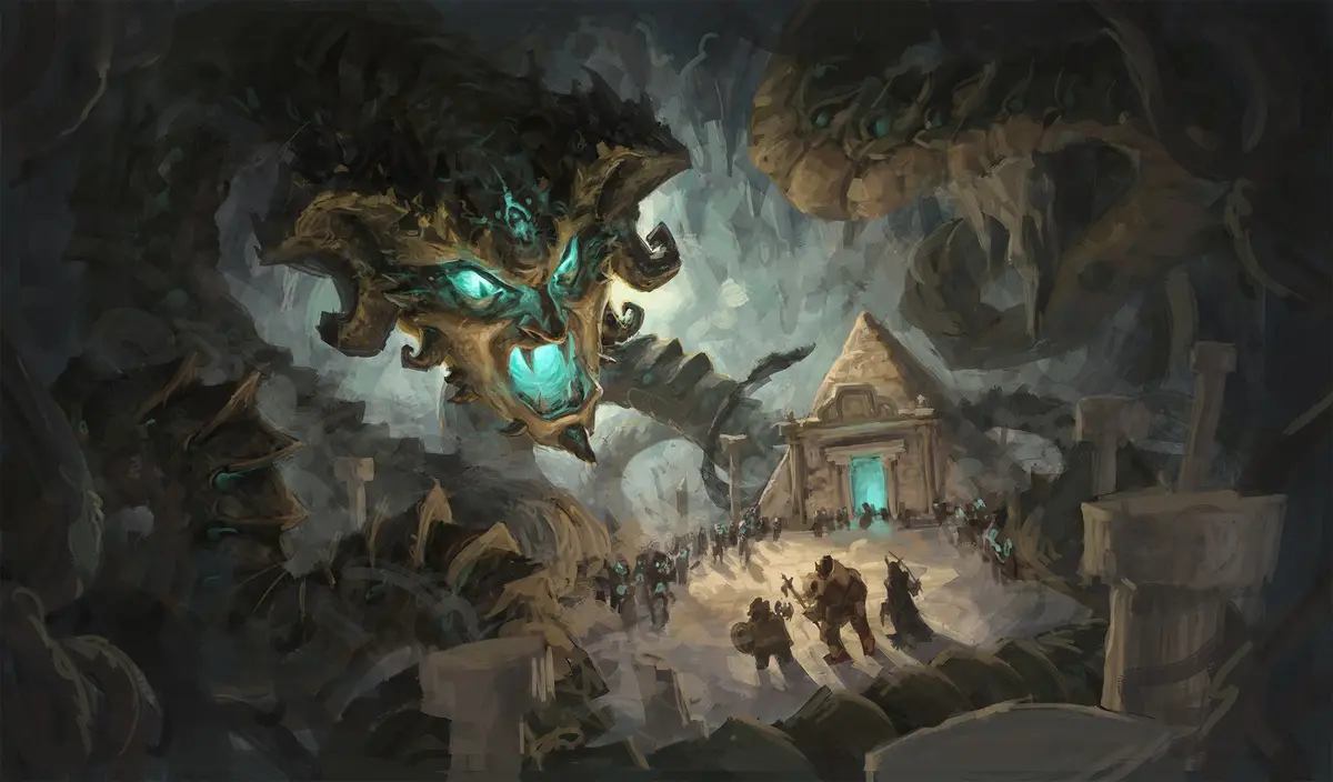 A dark fantasy illustration depicts colossal, menacing monsters with glowing teal eyes looming over a small group of…