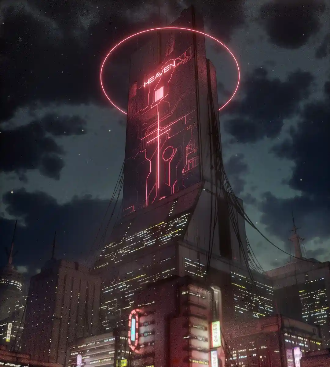 A futuristic cityscape at night features a towering skyscraper with glowing red neon circuitry patterns and the word…