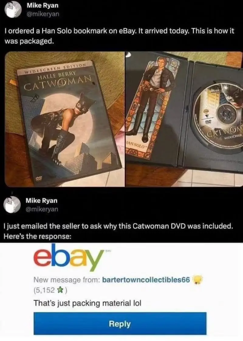 A tweet shows a person received a Han Solo bookmark but it was shipped inside a Halle Berry Catwoman DVD case. The seller's…