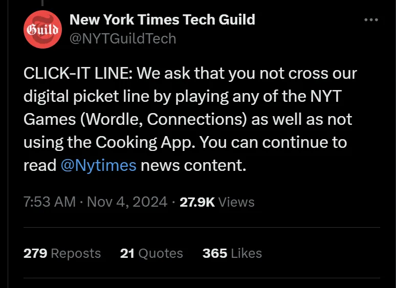 A screenshot of a tweet from the New York Times Tech Guild account, which reads: 'CLICK-IT LINE: We ask that you not cross…