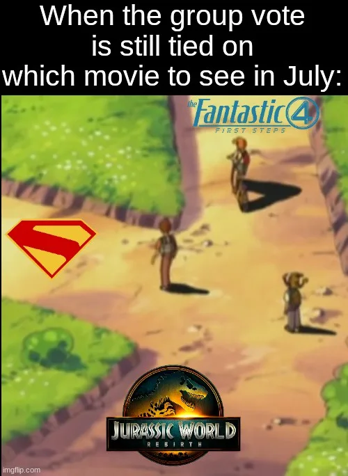 The image shows a scene from 'The Fantastic Four: First Steps' animated movie, featuring three characters standing on a dirt…