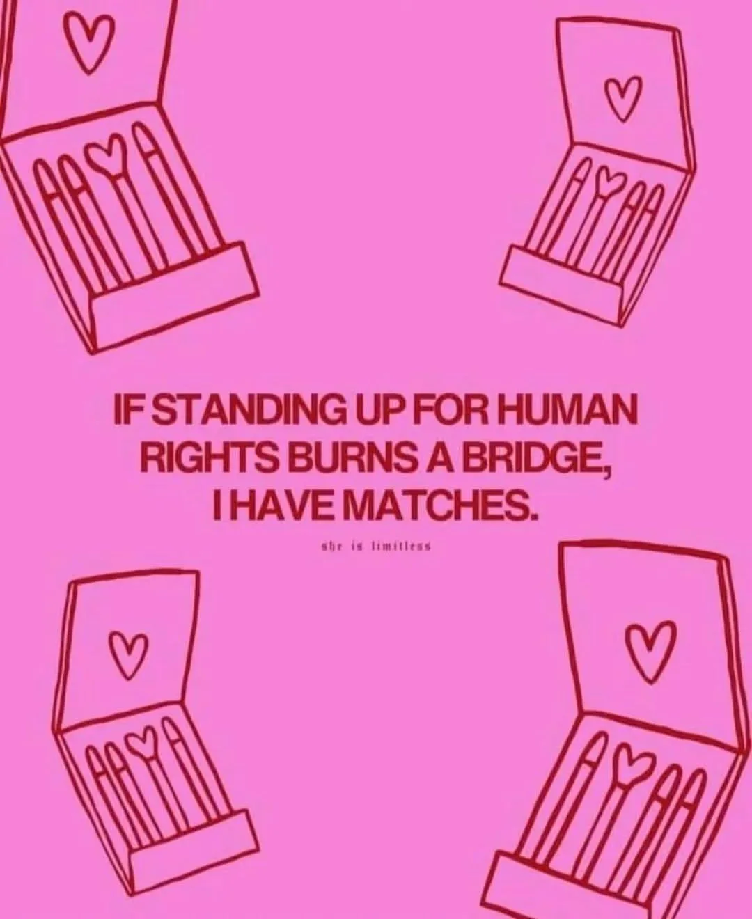 A pink background features four red line-drawn matchboxes, each with a heart on the lid and one heart-shaped match inside…