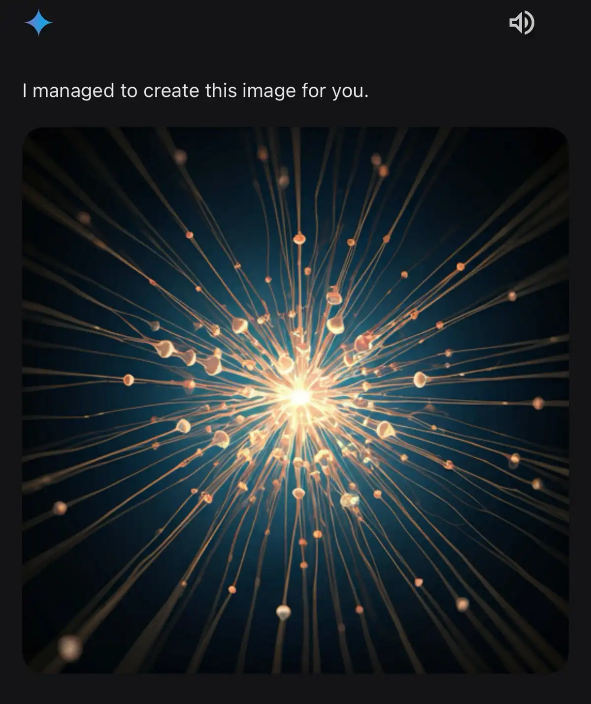 A dark blue background features a radiant, starburst-like explosion of golden-orange light rays emanating from a central…