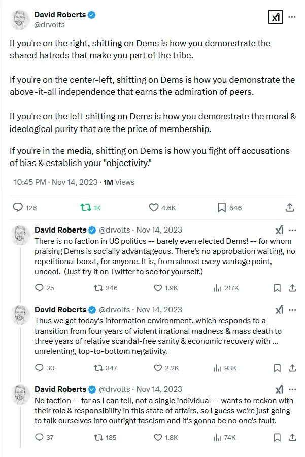 A screenshot of four consecutive tweets from David Roberts (@dvrvolts) posted on November 14, 2023, detailing how different…
