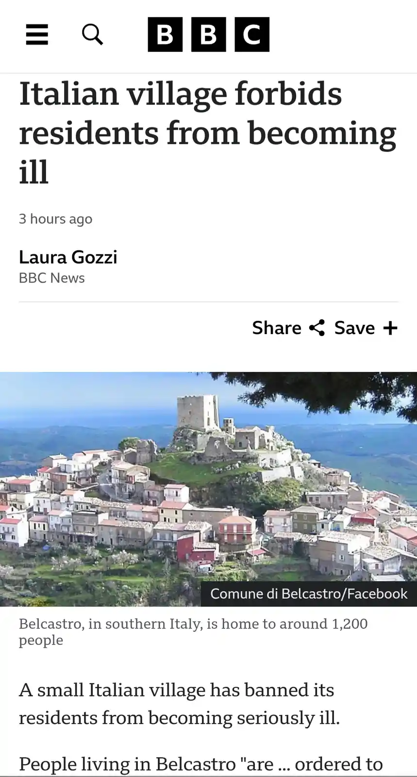 A screenshot of a BBC News article shows a picturesque Italian village, Belcastro, perched on a hillside with a castle ruin…