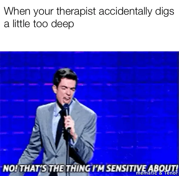 A six-panel meme featuring comedian John Mulaney on stage with a blue grid background. Each panel shows him in a gray suit…