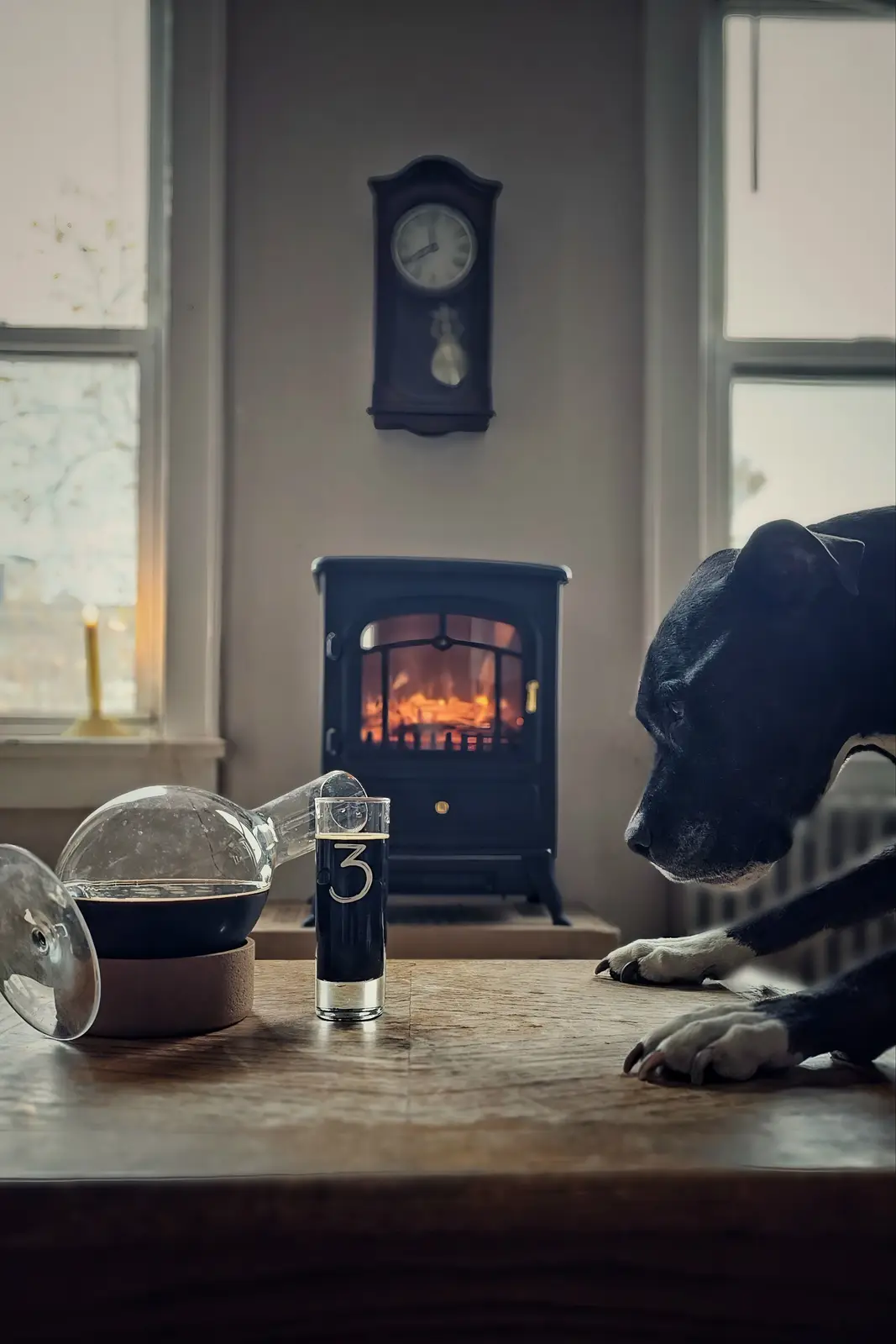 A black dog with white paws leans over a wooden table, staring intently at a glass containing a dark liquid with the number…