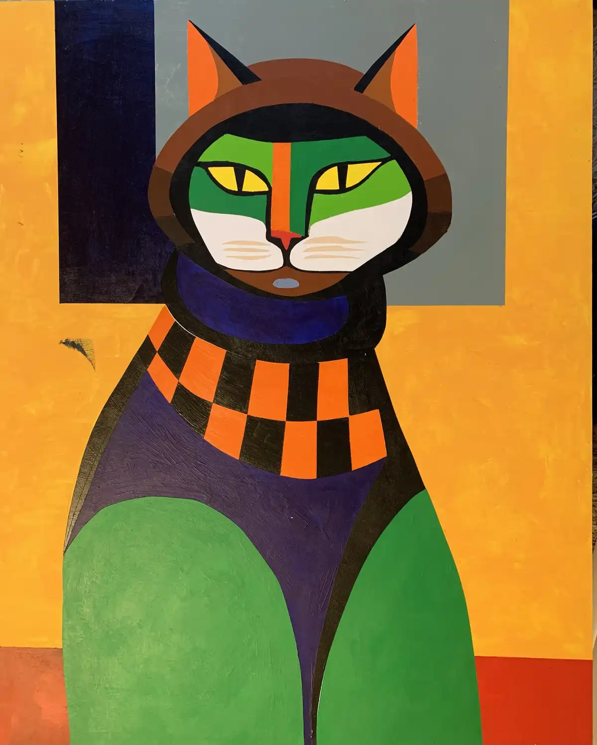 A stylized painting of a cat with a green face, orange ears, and yellow eyes, wearing a blue scarf and an orange-and-black…