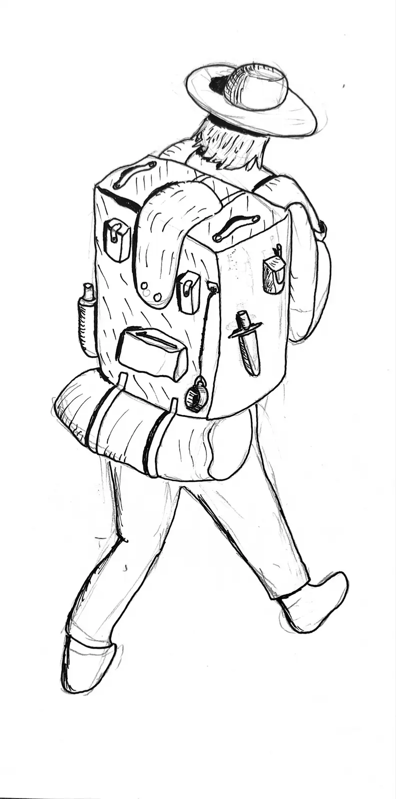 A black-and-white sketch shows a person from behind wearing a wide-brimmed hat and carrying an oversized, heavily packed…
