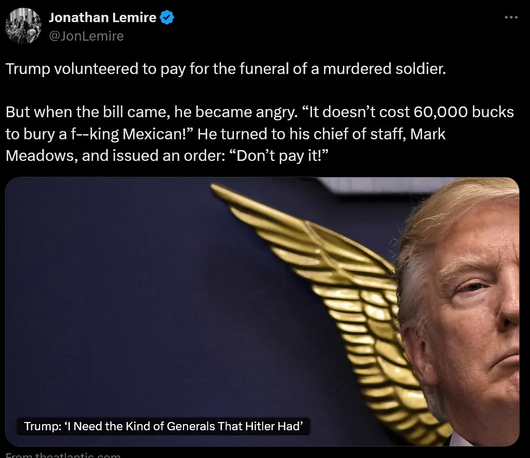 A close-up image of Donald Trump's face, looking serious, positioned next to a large golden eagle emblem on a dark blue…