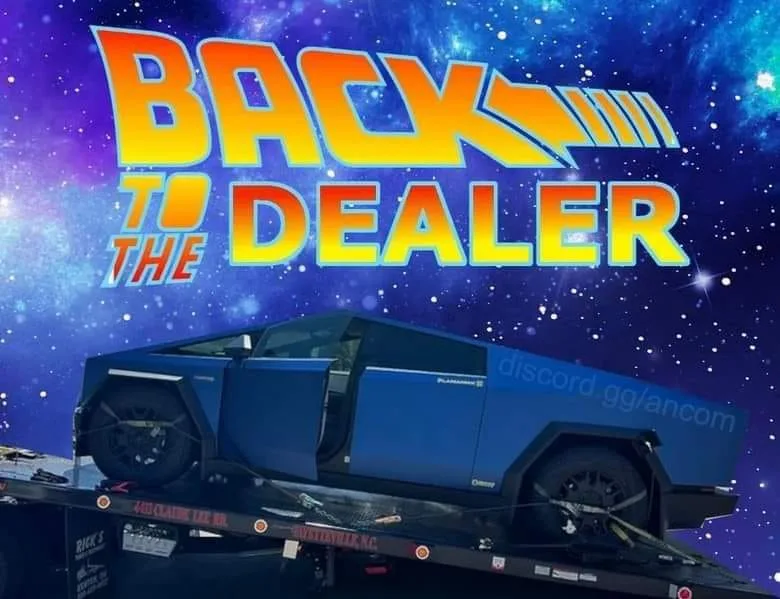 A blue, angular Tesla Cybertruck is shown on a flatbed tow truck against a starry space background. Large, stylized text…