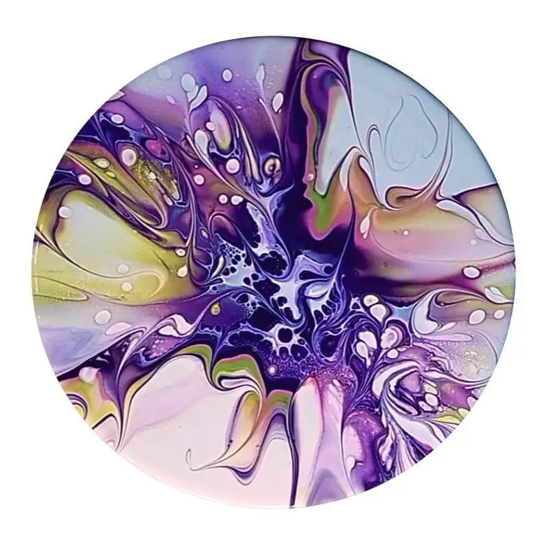 A circular abstract painting featuring swirling, marbled patterns of purple, lavender, green, and white with glossy droplets…