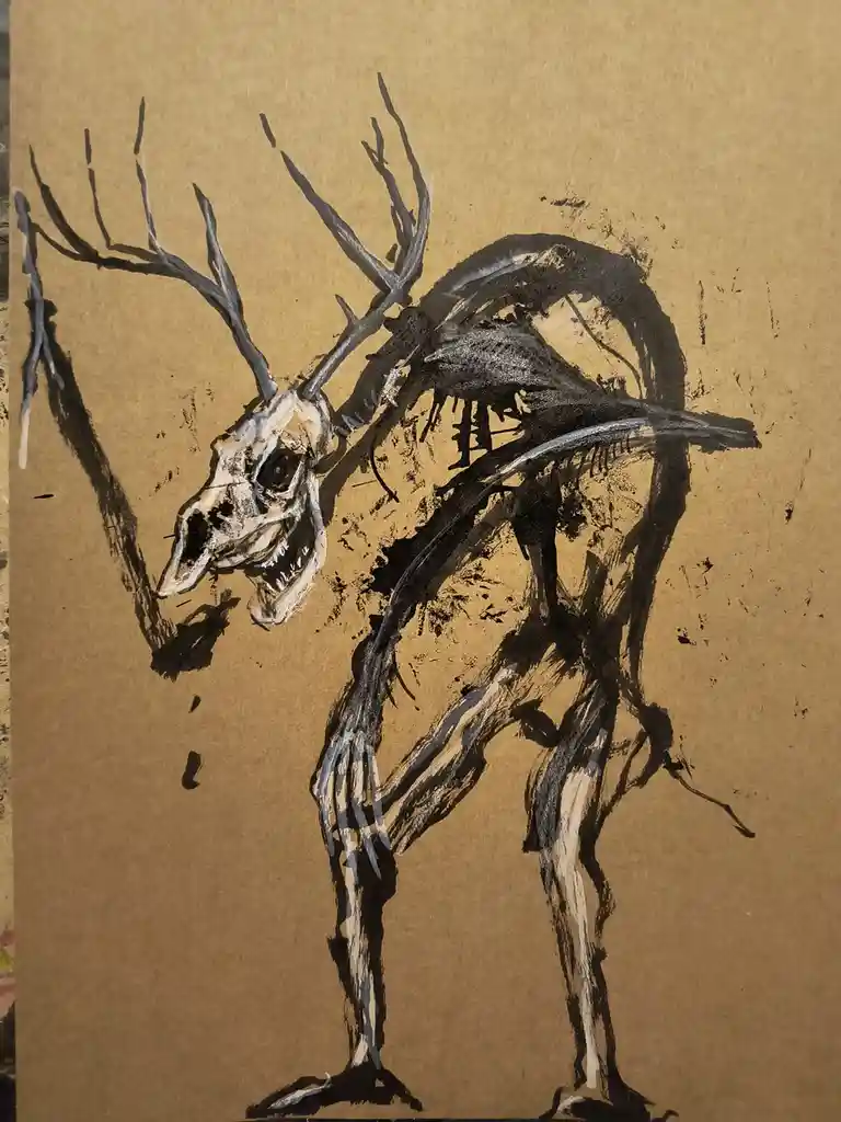 A hand-drawn illustration on brown paper depicts a skeletal, bipedal creature with a deer skull and antlers, standing…