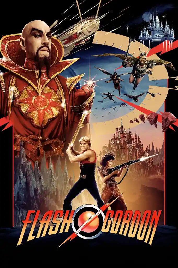 This is a promotional poster for the 1980 sci-fi film 'Flash Gordon,' featuring a bald, bearded villain in red and gold…