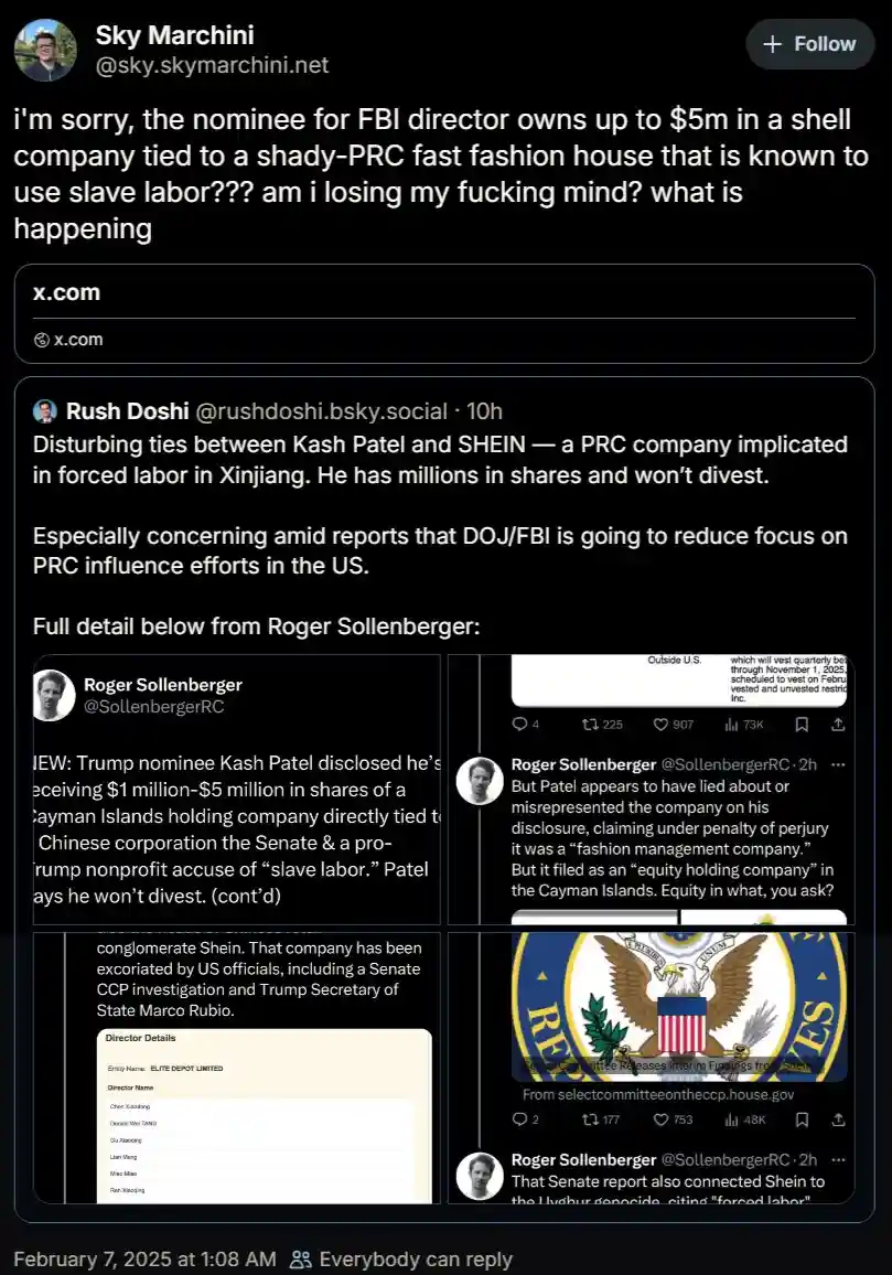 A screenshot of a Twitter/X thread by Sky Marchini expressing shock and disbelief that Kash Patel, a nominee for FBI…