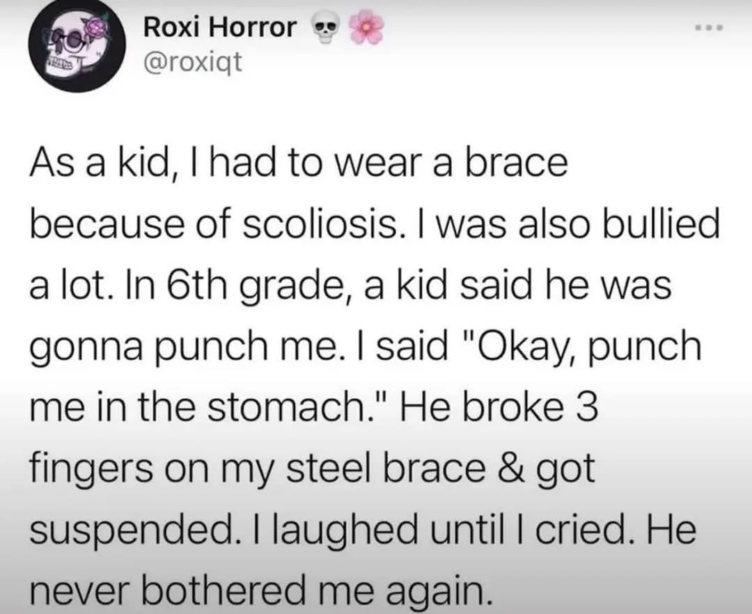 A screenshot of a social media post by 'Roxi Horror' detailing a childhood story where she wore a steel brace for scoliosis…