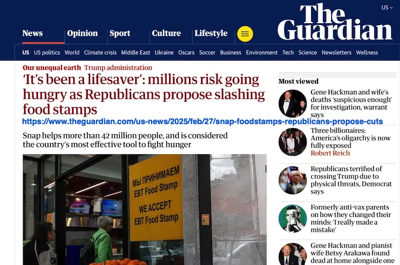 A screenshot of The Guardian's news article headline about Republicans proposing to cut food stamps, overlaid with a photo…