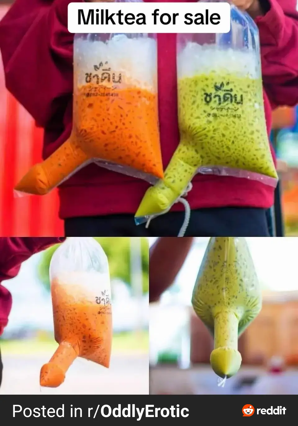 A person in a red shirt holds two large, transparent bags filled with colorful milk tea, each shaped like a phallus with a…