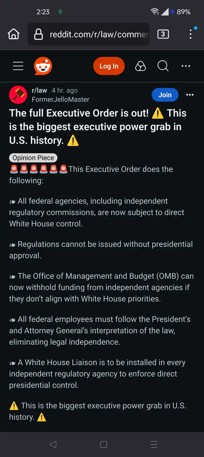 A screenshot of a Reddit post from r/law, showing a user named FormerJelloMaster claiming an executive order represents the…
