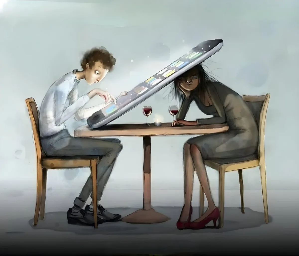 An illustration shows a man and a woman sitting across a small table, each with a glass of red wine. A giant smartphone…