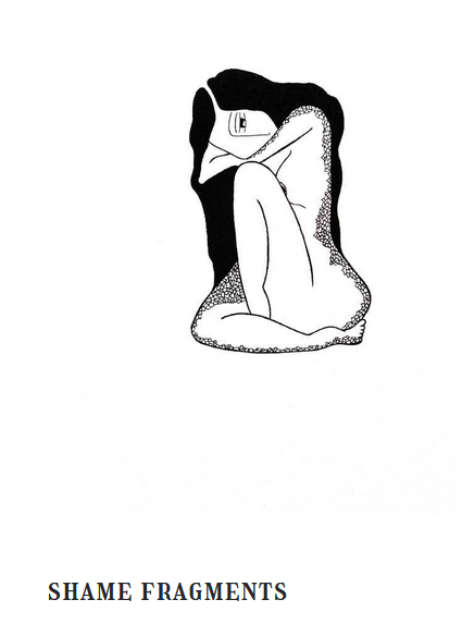 A black-and-white line drawing shows a person curled up in a fetal position, partially obscured by a dark, jagged shape…
