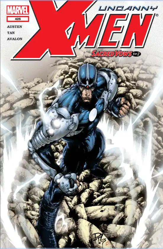 The image is a comic book cover for 'Uncanny X-Men #425' featuring the character Colossus in his metallic armor, emerging…