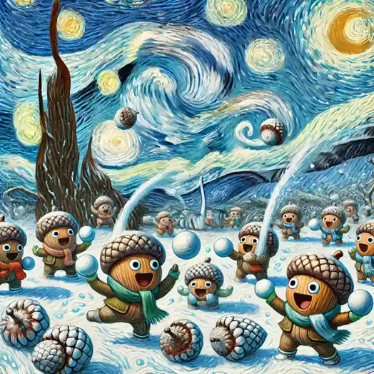 a whimsical, snowy scene where cartoonish acorn characters joyfully play with snowballs under a swirling, star-filled sky…