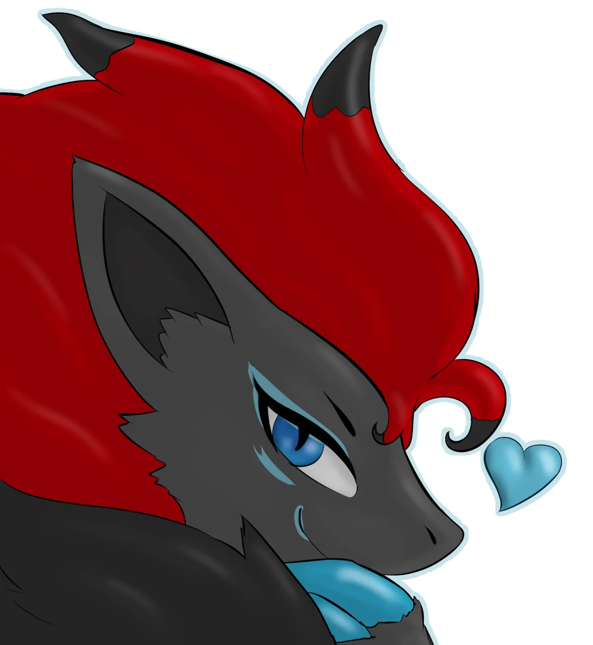A cartoon wolf with grey fur, red mane, and blue eyes is shown with a tear rolling down its cheek and a blue heart floating…