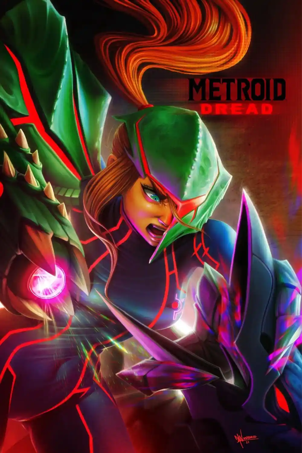 A dynamic, stylized illustration of Samus Aran from the video game Metroid Dread, shown in her green Power Suit with glowing…