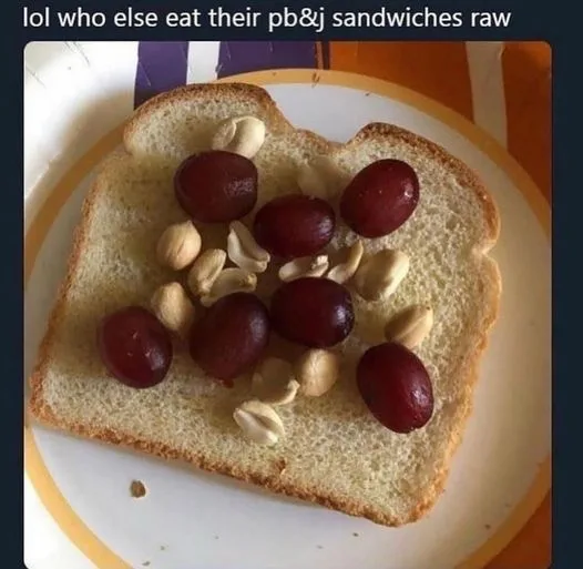 A single slice of white bread on a paper plate is topped with red grapes and peanuts, with no peanut butter or jelly…