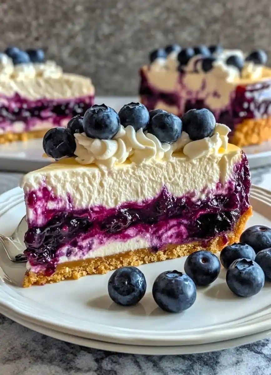 A close-up photo shows a slice of blueberry cheesecake on a white plate, topped with whipped cream and fresh blueberries…