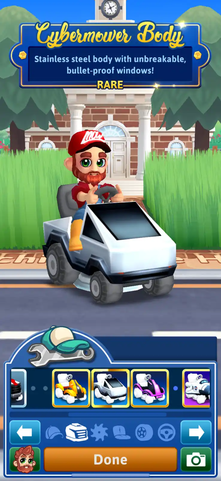 A cartoon man with a red cap and beard drives a silver, futuristic-looking lawnmower with a large, flat windshield. An…