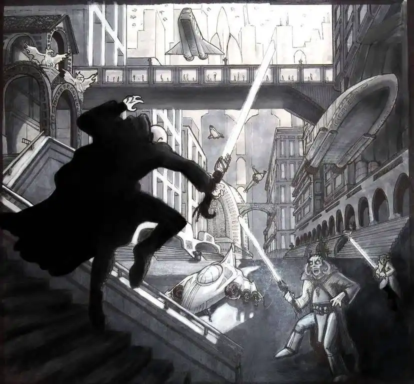 A black-and-white illustration depicts a dramatic sci-fi scene with a cloaked figure leaping down stairs while wielding a…