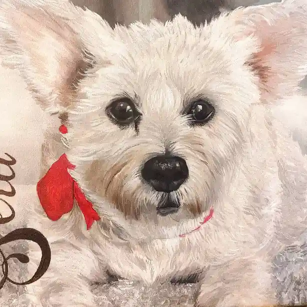 A close-up painting of a fluffy white dog with large dark eyes and a black nose, wearing a red bow on its left ear and a…