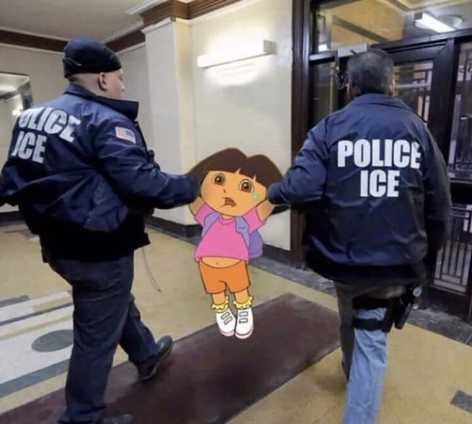 Two real police officers wearing jackets labeled 'POLICE ICE' are shown from behind, each holding the arms of a cartoon…