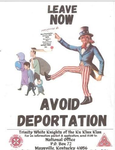 A vintage Ku Klux Klan recruitment poster featuring a caricature of Uncle Sam pointing at a family of four (a man, woman…