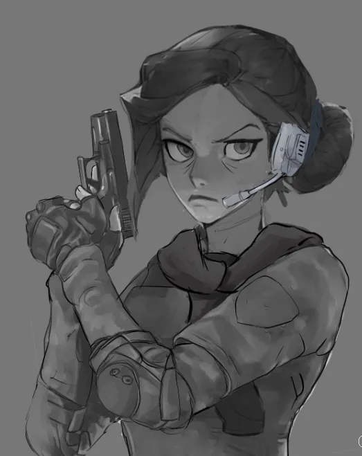 A grayscale sketch of a female anime-style character with a headset, holding a pistol with both hands in a ready stance, her…