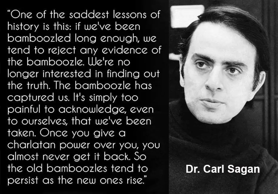A black-and-white portrait of Dr. Carl Sagan on the right side of the image, with a large block of white text on the left…